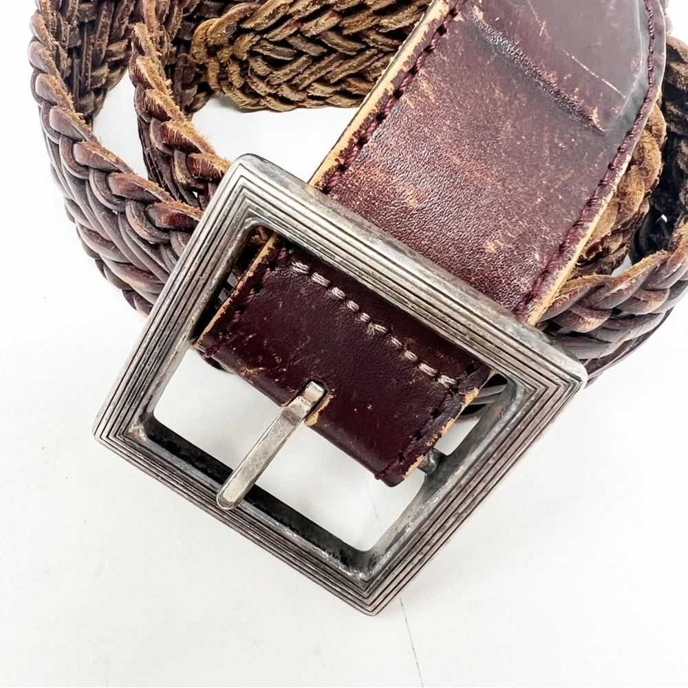 UNBRANDED BROWN LEATHER BRAIDED VINTAGE BELT WITH SILVER BUCKLE SZ 32